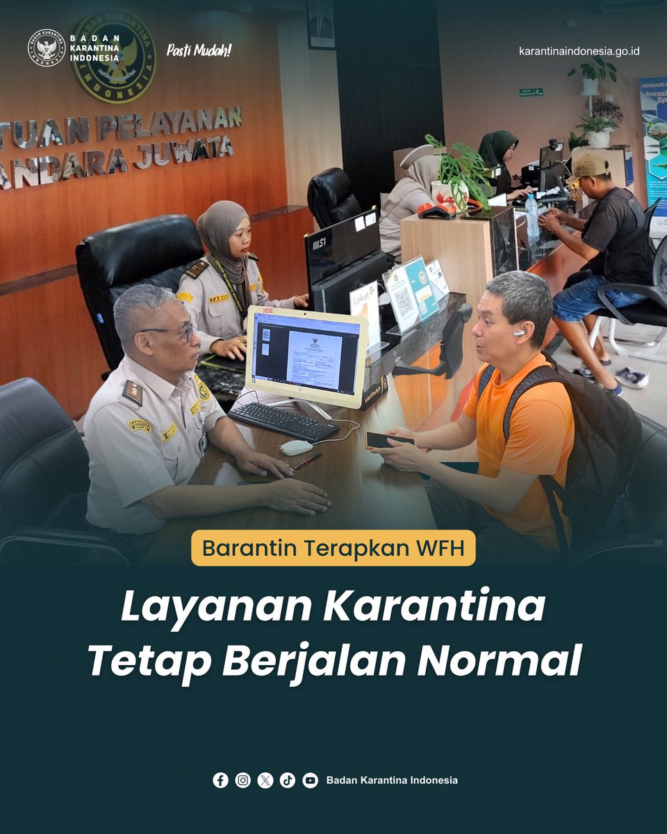 BarantinRI's tweet image. WFH Diterapkan, Layanan Tetap Normal! 

Badan Karantina Indonesia (Barantin) tetap memberikan pelayanan karantina.

#Barantin #WFH #LayananPublik #KarantinaTetapSiaga