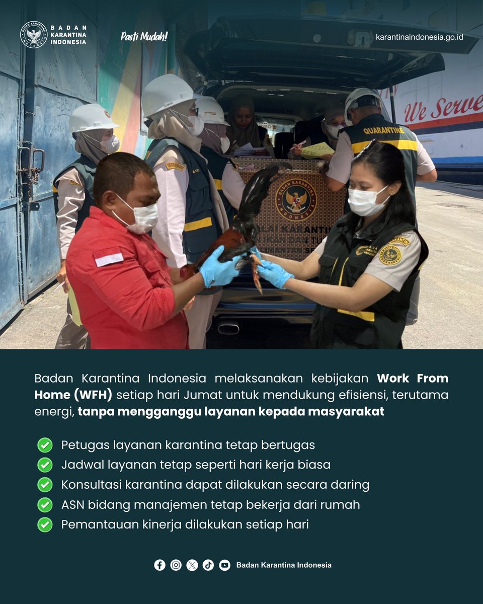 BarantinRI's tweet image. WFH Diterapkan, Layanan Tetap Normal! 

Badan Karantina Indonesia (Barantin) tetap memberikan pelayanan karantina.

#Barantin #WFH #LayananPublik #KarantinaTetapSiaga
