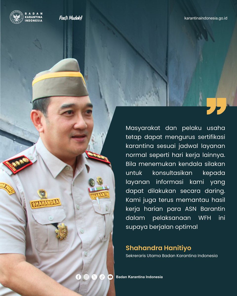 BarantinRI's tweet image. WFH Diterapkan, Layanan Tetap Normal! 

Badan Karantina Indonesia (Barantin) tetap memberikan pelayanan karantina.

#Barantin #WFH #LayananPublik #KarantinaTetapSiaga
