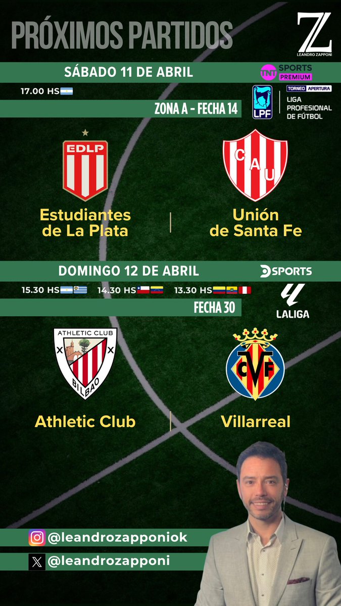 leandrozapponi's tweet photo. Se vienen lindos días de #fútbol!
Por @TNTSportsAR 📺 con la #Fecha14 de la @LigaAFA 🇦🇷 y, por @DSports 📺 con la #Fecha31 de @LaLiga 🇪🇸 y la #Fecha2 de la #CONMEBOLSudamericana 🏆
Los esperamos!
😃☝️🐸⚽️
#NoTeLoPodésPerder https://t.co/2LuMmhfXZ0