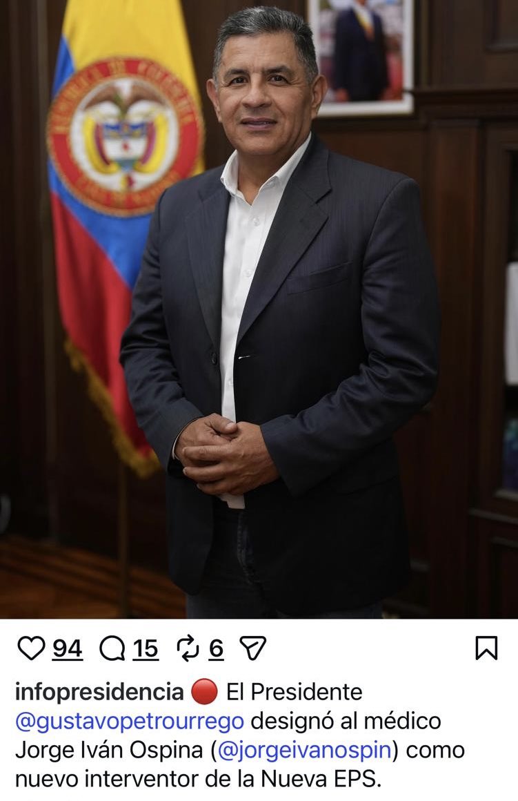 Como lo adelantamos <a href="/petrogustavo/">Gustavo Petro</a> y <a href="/GA_Jaramillo/">Guillermo Jaramillo</a> nombraron a <a href="/JorgeIvanOspina/">Jorge Ivan Ospina</a> como 5o agente interventor de Nueva EPS en 2 años.

Un político cuestionado en plena época electoral a cargo de la EPS más grande del país

Ya ni disimulan y muestran que no les importan los pacientes.