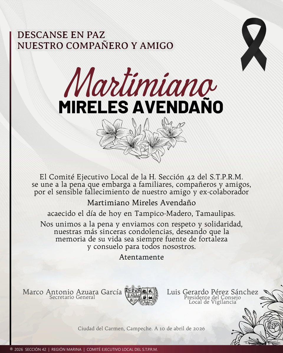 La Sección 42 del STPRM expresa su más profundo pesar por el sensible fallecimiento de nuestro compañero Martimiano Mireles Avendaño, acaecido el día de hoy.

En nombre de nuestra organización y de manera muy especial, a nombre de nuestro líder Luis Gerardo Pérez Sánchez, nos