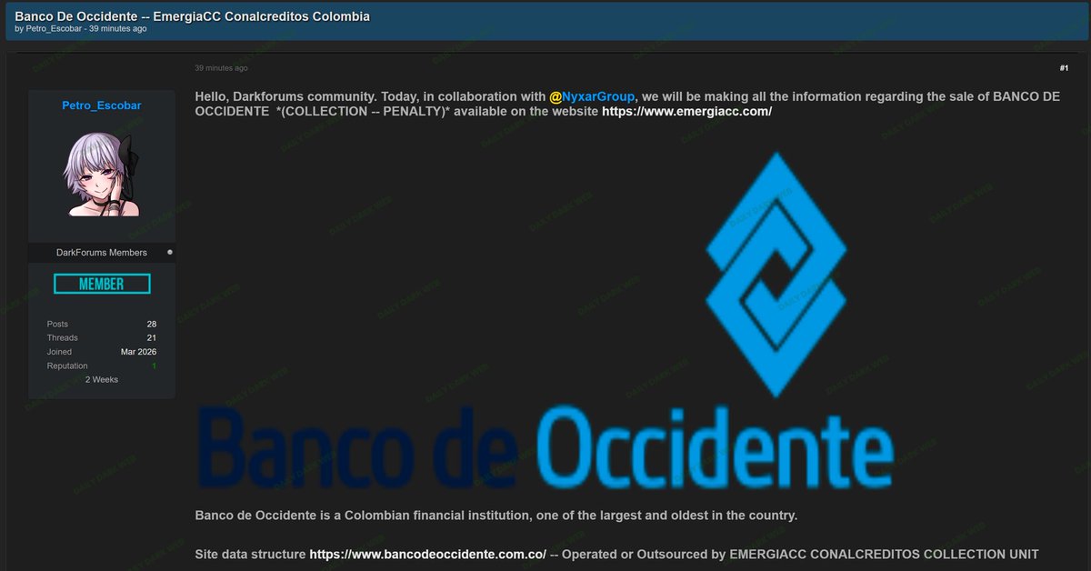 DailyDarkWeb's tweet image. 🇨🇴 Colombia - Multiple Financial Institutions Face Alleged Data Breach

 Colombian Financial Institutions Confront Alleged Data Breach

 Multiple Colombian financial institutions, including Banco de Occidente, EmergiaCC, and Conalcreditos, have allegedly been compromised. The