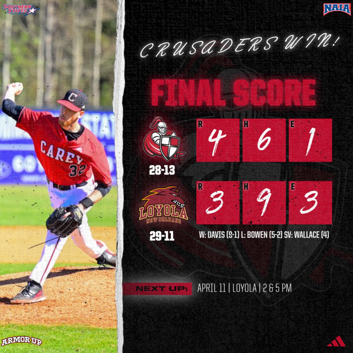 WmCareyBSB's tweet photo. Game 1 belongs to your CRUSADERS‼️
8.2 IP from Matthew Davis powers the Crusaders over the Wolfpack of Loyola!
TOMORROW: Doubleheader starting at 2 PM
#ArmorUp https://t.co/JPSbgZiTJF