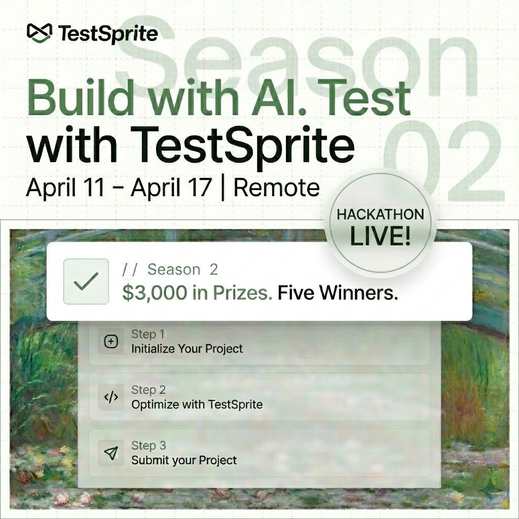 Test_Sprite's tweet photo. IT’S GO TIME! 🚀 TestSprite Season 2 is officially LIVE!

The wait is over. The doors are open. You have 7 days to build, test, and win.

Whether you're building a brand-new AI agent or supercharging an existing project, now is the time to show us what you’ve got. Remember: we aren't just looking for great code—we're looking for robust, well-tested innovation.

The Specs:

💰 $3,000 in total prizes.
🏆 5 winners will be crowned.
🛠️ Secret Weapon: Use the TestSprite MCP to automate your testing so you can spend more time shipping features.

The Timeline:

Start: RIGHT NOW (April 11)
End: April 17, 11:59 PM PST

Let TestSprite handle the QA while you focus on the "Aha!" moment.