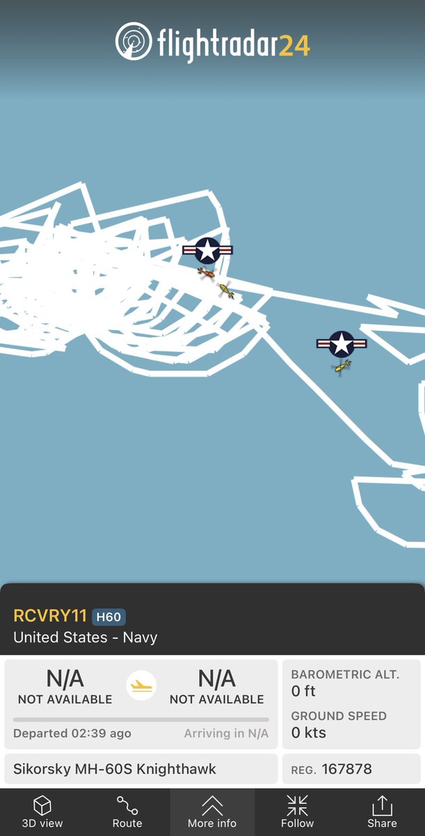 flightradar24's tweet image. Artemis II crew members now being hoisted into the helicopters for the transfer to the USS John P. Murtha. 

Helicopters are about 40 feet AGL, altitude shown via ADS-B is uncorrected barometric altitude.