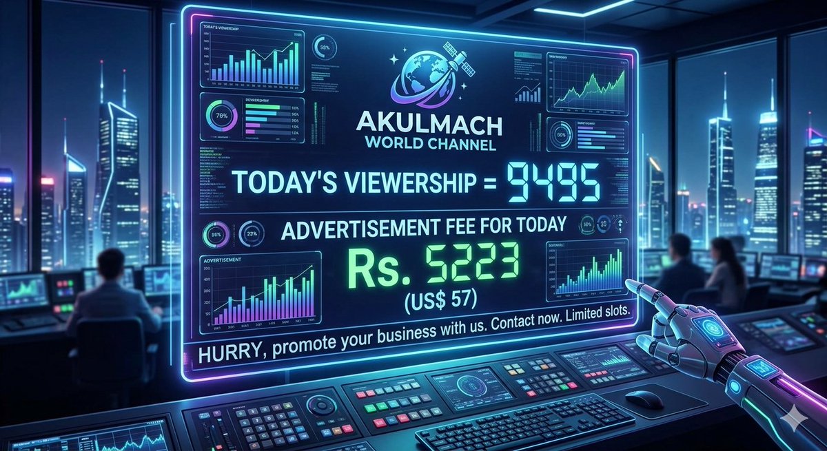 AkulmachLive's tweet image. @Akulmach Today's Viewership = 9495
Advert Fee for Today Rs. 5223 (US$ 57)

-8,100 viewers on #YouTube
-48,172 viewers on #LinkedIn
-4,843 viewers on #Facebook
-4,200 viewers on #X #twitter
-951 viewers on #Instagram
-195 viewers on #Threads
(UP 21% since yesterday)

#Advertisers