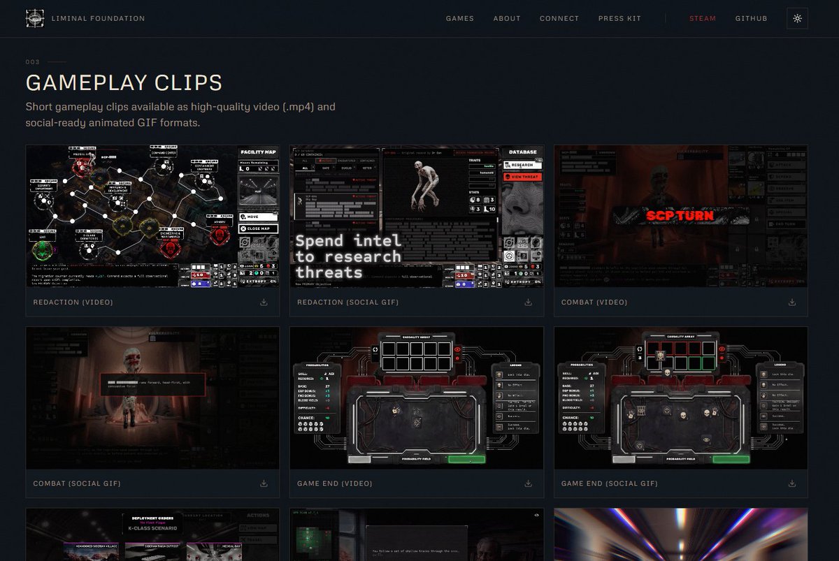 Just made a much needed press kit for the game. Looks so cool seeing everything all animated in one place at once :-)

liminalfoundationgames.com/press-kit/

#SCPFoundation #IndieHorror #HorrorGame #CreepyPasta