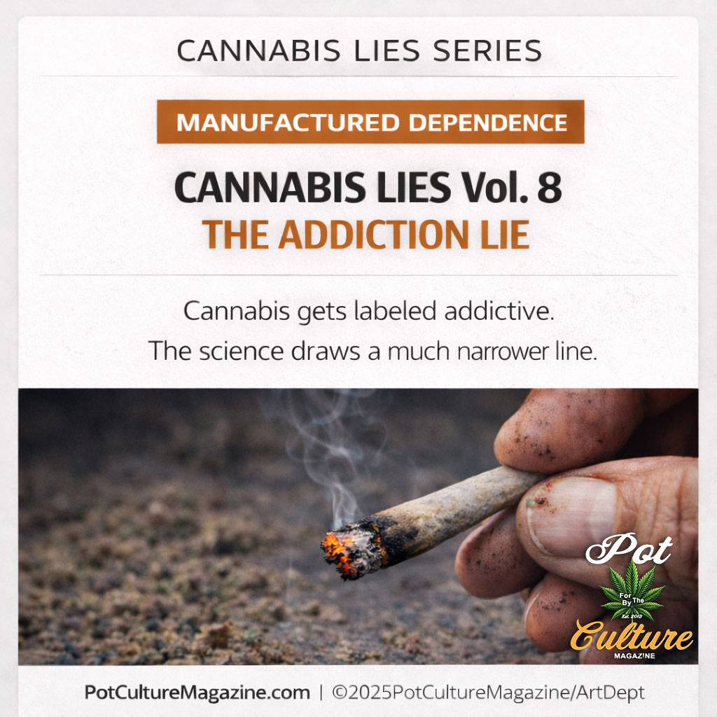 PotCultureMag's tweet image. Tomorrow at 1 PM CST. Cannabis Lies Vol. 8: The Addiction Lie breaks down how a spectrum diagnosis gets flattened into a single fear word and sold as a crisis. 
#PotCultureMagazine #Cannabis #Addiction #CannabisCulture #420Community #Propaganda #DrugWar #CannabisLies