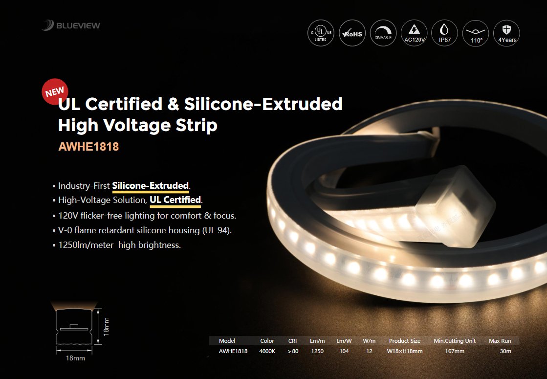 UL Certified &amp; Silicone-Extruded
AC120V High Voltage Strip

Industry-First Silicone-Extruded
Flicker-free lighting for comfort &amp; focus
V-0 flame retardant silicone housing (UL 94)
1250lm/meter high brightness

#Lightingdesign #LEDNeon #striplight #Lightingsolution #linearlighting