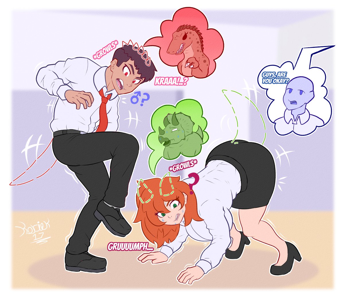 korick17's tweet image. Two coworkers swap into dinosaurs in the past he’s a female raptor, she a male triceratops, right in the middle of a chase
Comm for ColonelRockrits on DA
#Bodyswap #TFTuesday