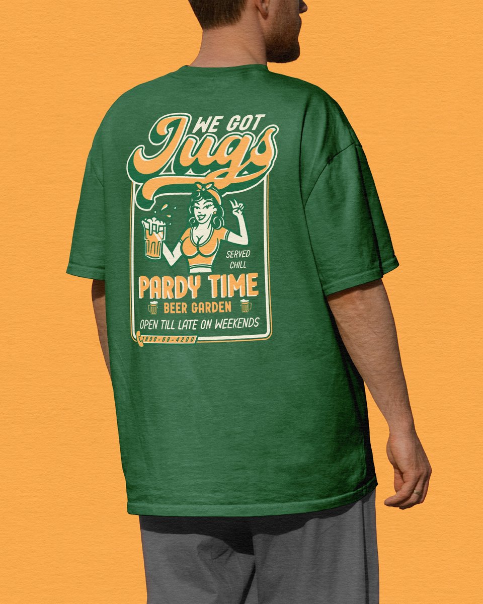 philustrations's tweet image. We Got Jugs! Another drop for the Pardy Time family, Beer Garden edition. Vintage pin-up energy meets cold beer vibes. A couple of my all time favourite things rolled into one design. 

#MerchDesign #VintageIllustration #TshirtGraphics #GraphicDesign #ramskilldesignstudio