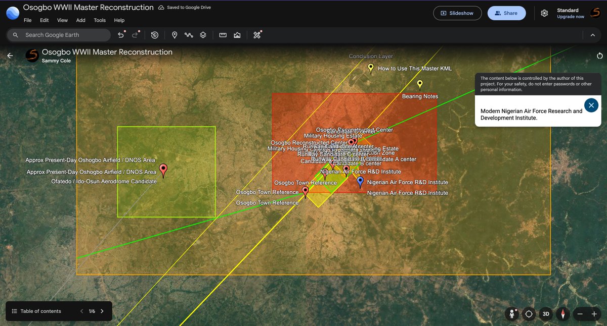 mobbedking's tweet photo. I then tested the strongest alternative candidate, the Ofatedo or Ido-Osun aerodrome area, against the route geometry.I tested the Ofatedo site against the route geometry.

Using bearings from Lagos:

Lagos → Kano: 42.44°
Osogbo corridor: ~43.4°
Ofatedo: ~40.96°

It is still plausible. But when I compared bearings from Lagos, the Osogbo reconstruction corridor aligned more closely with the Lagos-to-Kano heading.

The Ofatedo or DNOS point came out about 1.48° west of that heading.

That is not a huge miss. It keeps Ofatedo in the conversation.

But it does mean the Osogbo triangle corridor remains the better fit on route geometry.
I tested the Ofatedo site against the route geometry.

Using bearings from Lagos:

Lagos → Kano: 42.44°
Osogbo corridor: ~43.4°
Ofatedo: ~40.96°
So my conclusion now is this:

The Osogbo triangle remains the strongest candidate for the WWII landing ground.

Ofatedo is a serious secondary candidate, but not the stronger one.