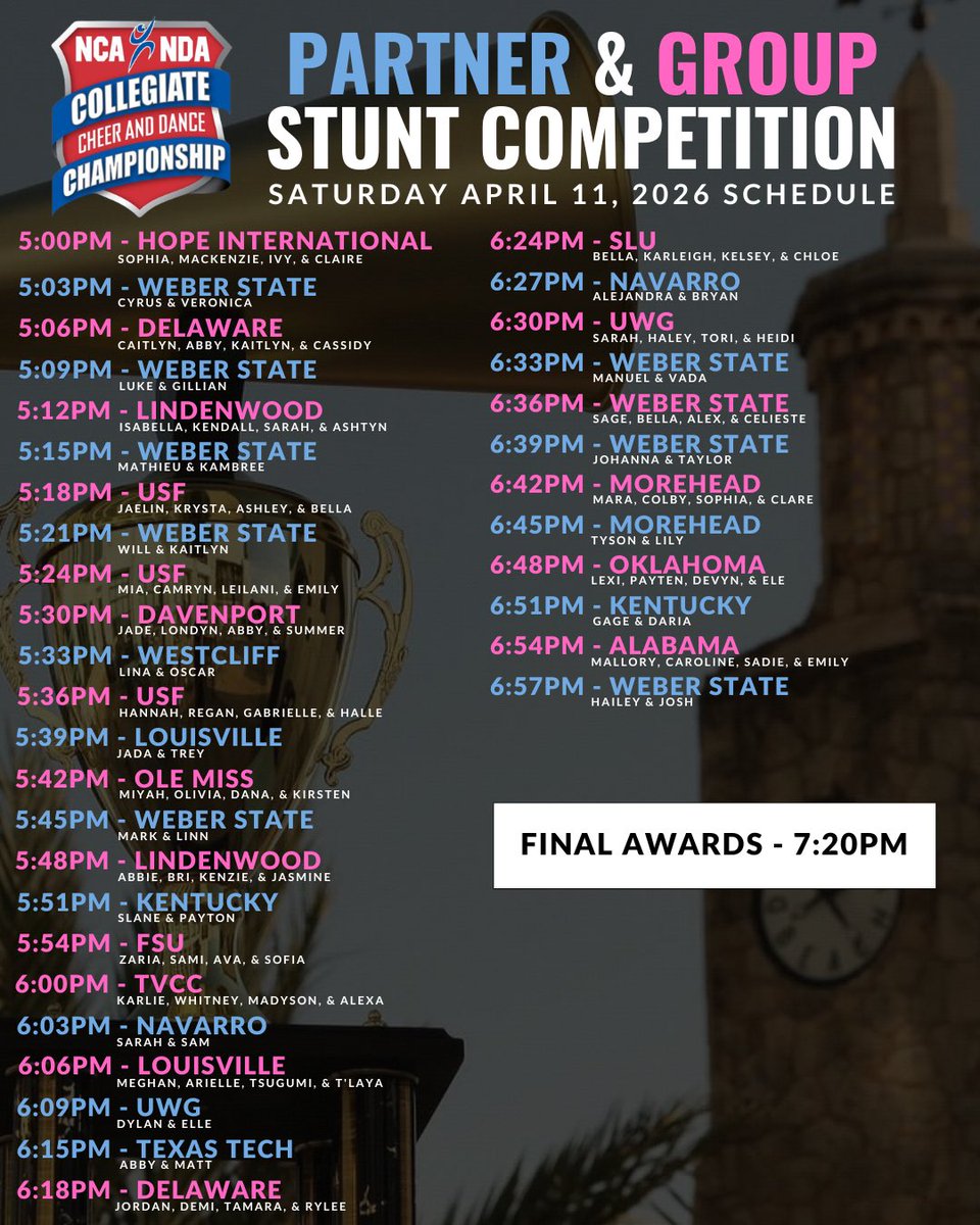 smoedallday's tweet photo. NCA PARTNER &amp; GROUP STUNT COMPETITION - SATURDAY, APRIL 11, 2026 😍😍😍 https://t.co/GwAq0iHHpJ
