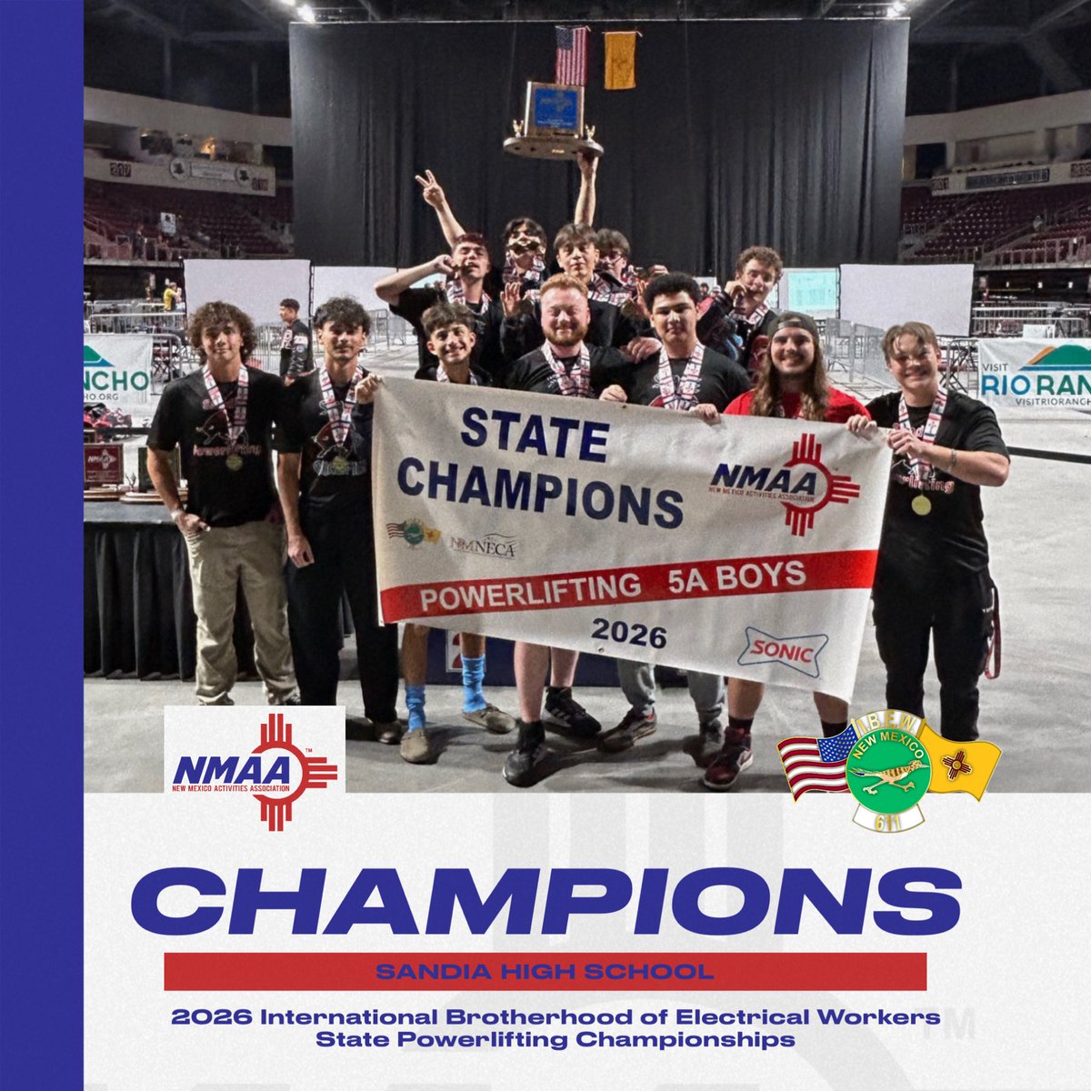 _NMAA's tweet image. Congratulations to Sandia High School, winners of the Class 5A Team Title at the 2026 International Brotherhood of Electrical Workers State Powerlifting Championships @ibew611
1.Sandia 
2.Roswell 
3.Cleveland