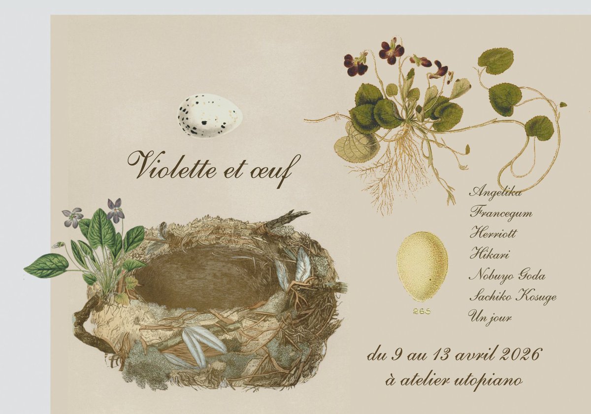 🥚展示のお知らせ🥚

《Violette et œuf》
atelier utopiano 関内駅5分 
2026/4/9(木)-4/13(月)
13:00 – 18:00

すみれと卵をテーマにした企画展に参加しております。
とても素敵な作家様ばかりなので、月曜日までとなりますが、是非お運びくださいませ🥚 