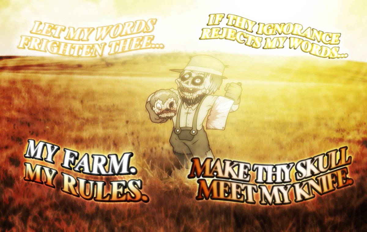 stick_pi's tweet photo. Never trespass The Scarecrow’s land, or else you’ll meet your head with his knife. https://t.co/gMuB0jyUU2