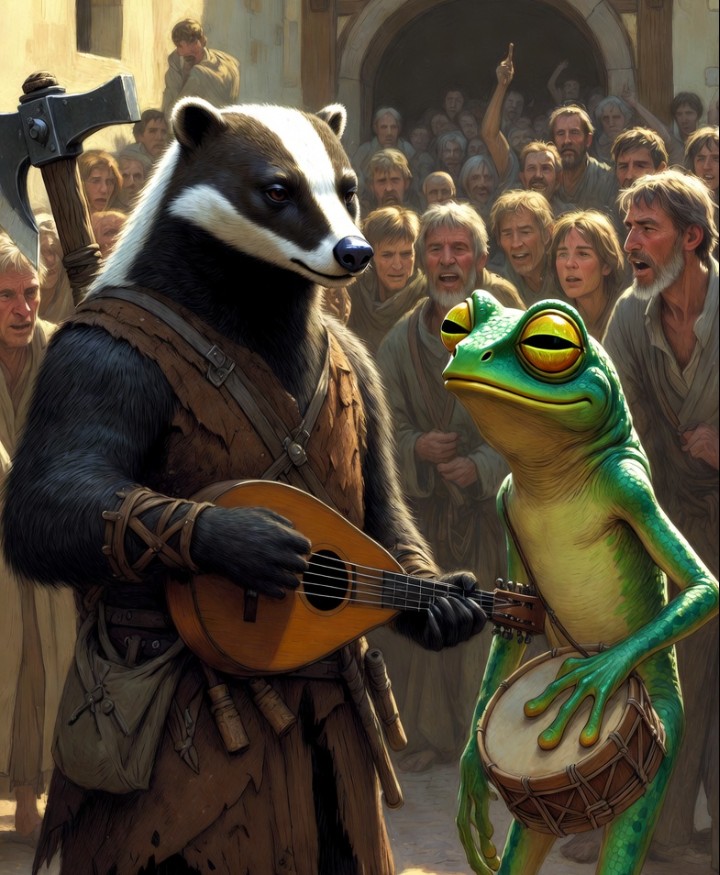 I4m166's tweet image. Garrick arrived at dusk, axe still #strapped to his back, his #honey-striped fur matted with travel dust. #Panting Heavily.. hands on knees he #StoppedAndSpotted.. Finn who slipped in shortly after, drum slung over one shoulder, his webbed feet leaving faint prints on the