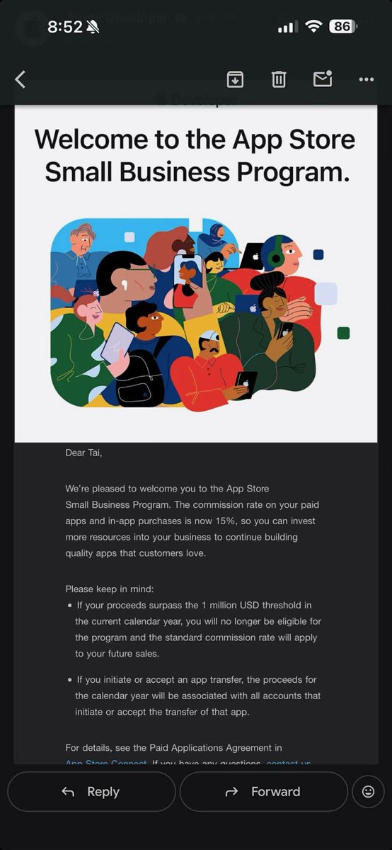 rhysle's tweet photo. I have not even published my first app but now successfully joined Small Businee Program. I highly suggest anyone building mobile apps do this as it help cut commission rate from 30% to 15%. I did the same on Play Store, it seems quicker than Apple on this. Still a win to me 🎉 https://t.co/2Rnwr46Anz
