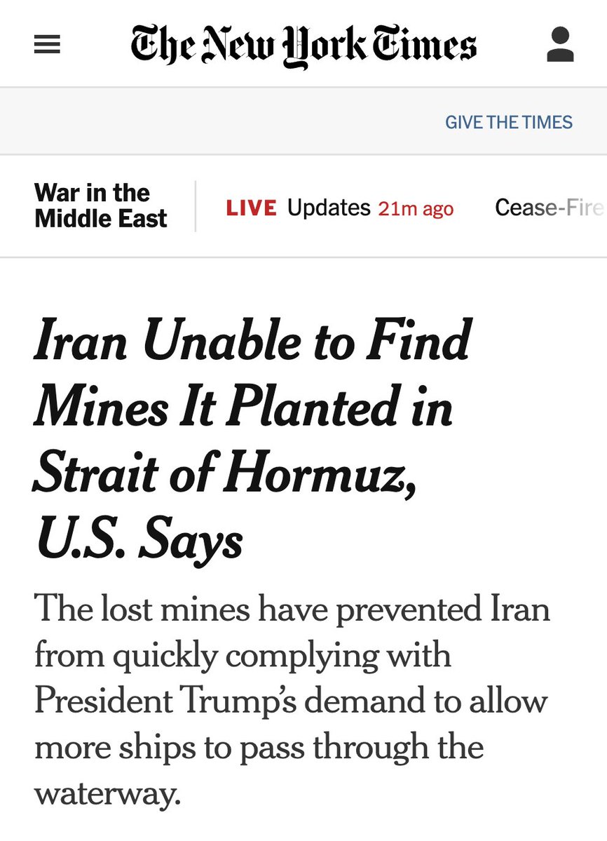 RyanSaavedra's tweet image. Iran now claims that it cannot fully reopen the Strait of Hormuz because it cannot locate all of the mines that it laid in the waterway and it lacks the capability to remove them.

They mined the the Strait of Hormuz to hold many of the world's economies hostage in an effort to