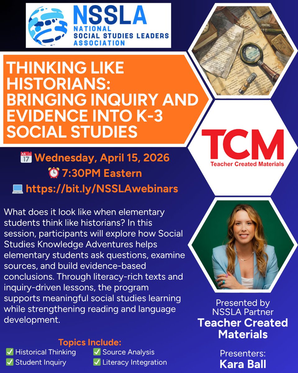 nsslasocstudies's tweet image. Thinking like historians starts early! 🧠📚

Join us April 15 at 7:30 PM ET for an engaging webinar on bringing inquiry &amp;amp; evidence into K–3 social studies.

✔️ Student inquiry
✔️ Source analysis
✔️ Literacy integration
bit.ly/NSSLAwebinars
#SocialStudies  #InquiryLearning