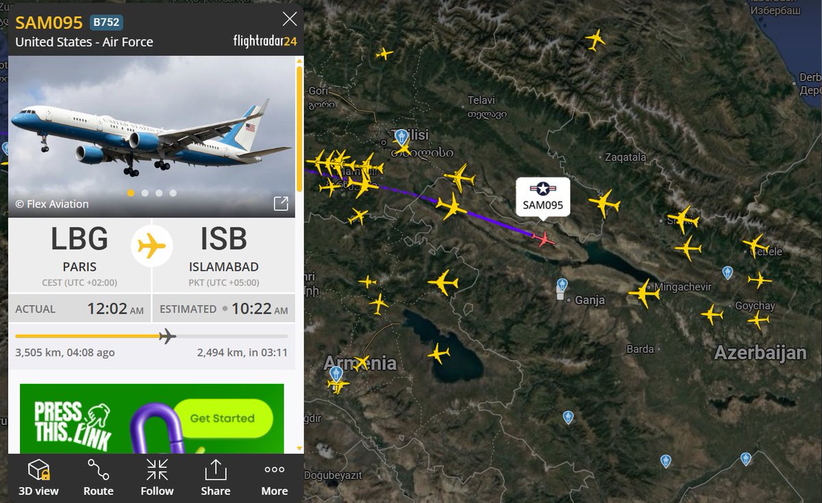 awvais's tweet photo. Flight tracking indicates Vice President JD Vance is en route to #Islamabad via two aircraft (SAM091 &amp; SAM095), a configuration consistent with standard VIP security protocols, including potential decoy deployment. Estimated arrival: 10:30 AM PST. #IslamabadTalks https://t.co/HIu7GtCMEy