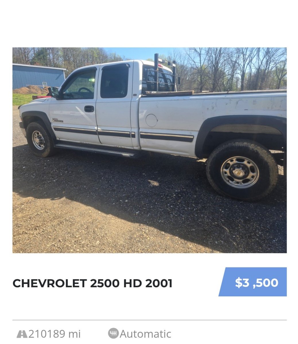2001 Chevrolet 2500 HD 4x4 Extended Cab Diesel Pickup. 6.6 Duramax Diesel Engine, Allison Automatic Transmission, Power Windows, Power Door Locks, Cloth Interior, 8ft. Bed w/Spray in Bedliner, No Rust, Clean Frame. Truck has a bad Transmission. Runs good! 410-292-4646