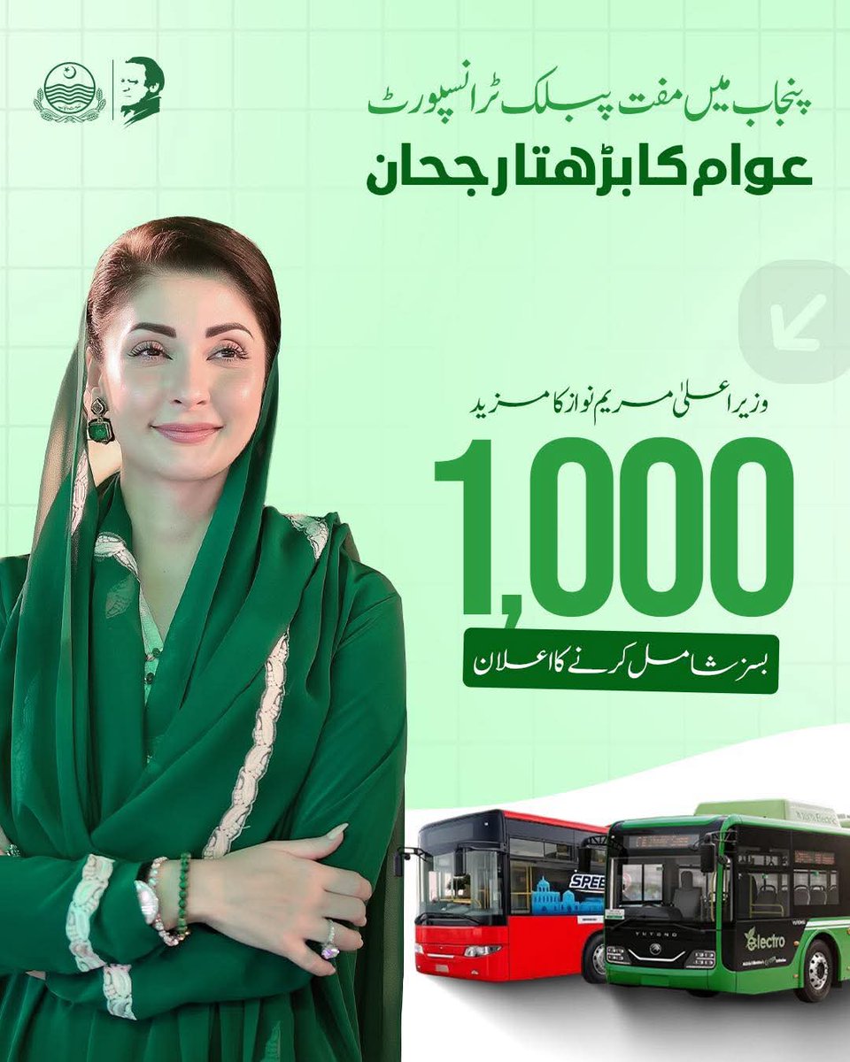 پنجاب میں مفت پبلک ٹرانسپورٹ , عوام کا بڑھتا رجحان

🔹وزیراعلی مریم نواز کا مزید 1,000 بسز شامل کرنے کا اعلان۔