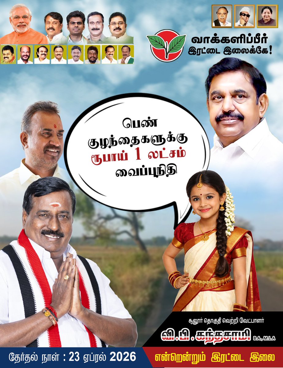 🌱✌️ பெண் குழந்தைகளின் பாதுகாப்பு வைப்புநிதி ரூபாய் 1 இலட்சமாக உயர்த்தப்படும் 🔥📣

🎓 பாதுகாப்பும் • நம்பிக்கையும் • சிறந்த எதிர்காலம்!

<a href="/EPSTamilNadu/">Edappadi K Palaniswami-SayYEStoWomenSafety&AIADMK</a> <a href="/SPVelumanicbe/">SP Velumani - Say YES to AIADMK</a> <a href="/AIADMKOfficial/">AIADMK - SayYesToWomenSafety&AIADMK</a> <a href="/AIADMKITWINGOFL/">AIADMK IT WING - SayYesToWomenSafety&AIADMK</a>

#VPKforSulur #WomenEmpowerment #SavingsScheme #Manifesto #Election2026