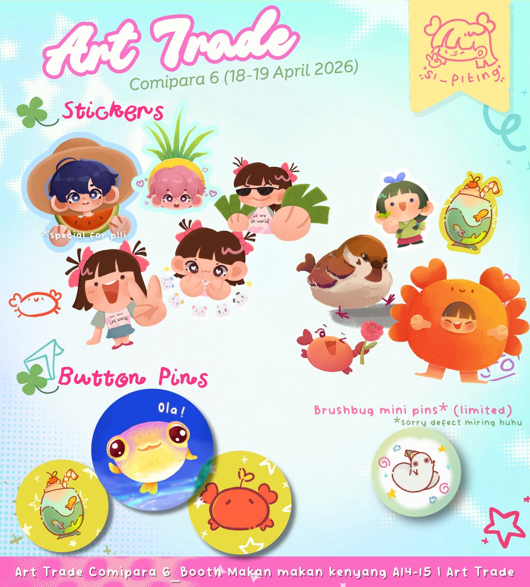 si_piting's tweet image. Duarr Art trade for #Comipara6 (*ᴗ͈ˬᴗ͈)ꕤ*.ﾟ

Mampir ke A14-15 depan comic hall, aku bawa banyakk. Aku menerima original/oc dan fandomku aja, snack ok! Pls bilang mau yang mana yaa
