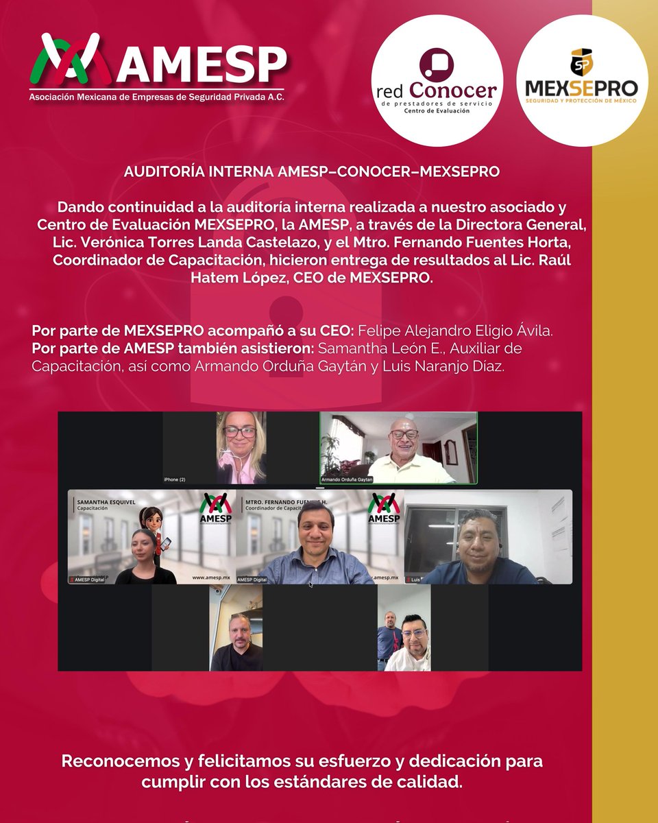 AMESP_oficial's tweet photo. Reconocemos y felicitamos su esfuerzo y dedicación para cumplir con los estándares de calidad.
#AMESP #CONOCER #MEXSEPRO #Auditoría #Calidad #SeguridadPrivada https://t.co/admHjqo7H1