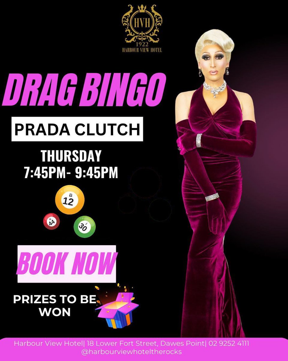 We’re back with Drag Bingo hosted by @misspradaclutch at @harbourviewhoteltherocks this Thursday! 🎉

👉 Book ahead, come early, eat, drink, and get your table at harbourview.com.au 

#sydneydragqueen #dragbingoattherocks #bingothursday #harbourviewhoteltherocks