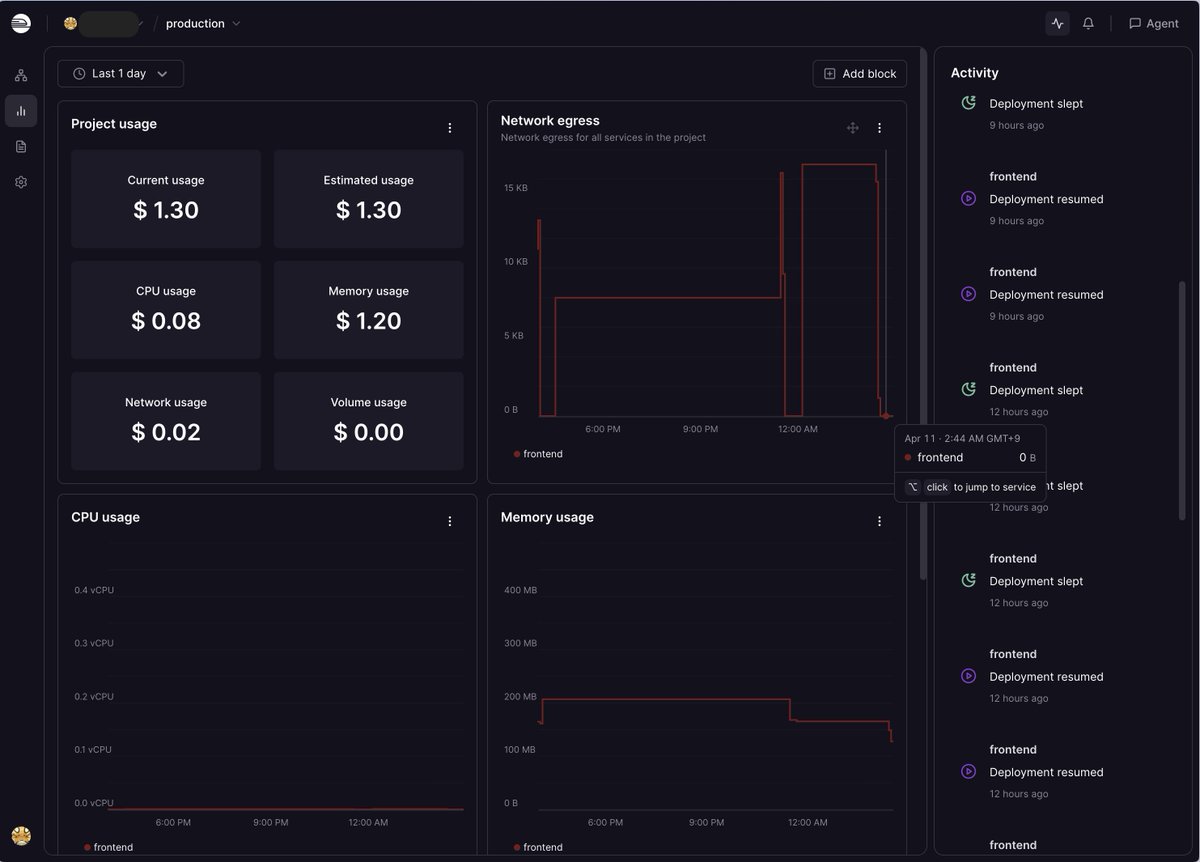 1MoNo2Prod's tweet image. Vercelの代わりにRailway使ってるけどいい感じ

Vercelと比べた時の利点は

- Docker使えるのでほぼ何でもデプロイ可能。PythonやRails使えるのがいい
- DB, Redis等が同梱されてるので設定簡単。アプリを跨がなくていい。Supabase、Redisにそれぞれ月額費払う必要なし
-
