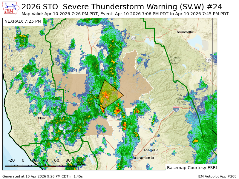 iembot_sto's tweet photo. STO continues Severe Thunderstorm Warning [tornado: POSSIBLE, wind: <50 MPH (RADAR INDICATED), hail: 1.00 IN (RADAR INDICATED)] for Butte, Colusa, Glenn [CA] till 7:45 PM PDT https://t.co/cYCxV9lGgd https://t.co/OBDbUzp8tu