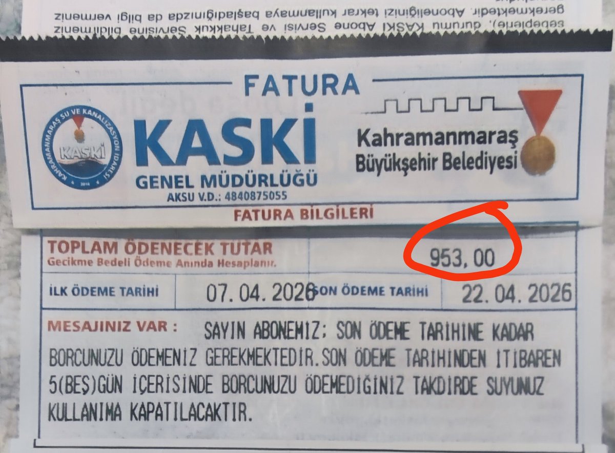 Kemal471Celik's tweet photo. Su kaynakları Maraş dünyada 3. Türkiye'de 1. sırada. Elektrik faturasının yarısı kadar öder idik şimdi iki katı.
Kene gibi yapıştı Kaski. 
Altınada şu tarihe kadar ödemezsen suyunu keseriz yazmışlar
@RTErdogan
@tcbestepe 
@TC_icisleri 
@TCkahramanmaras 
@buyuksehirkm 
@maraskaski https://t.co/FsXQFD1VCs