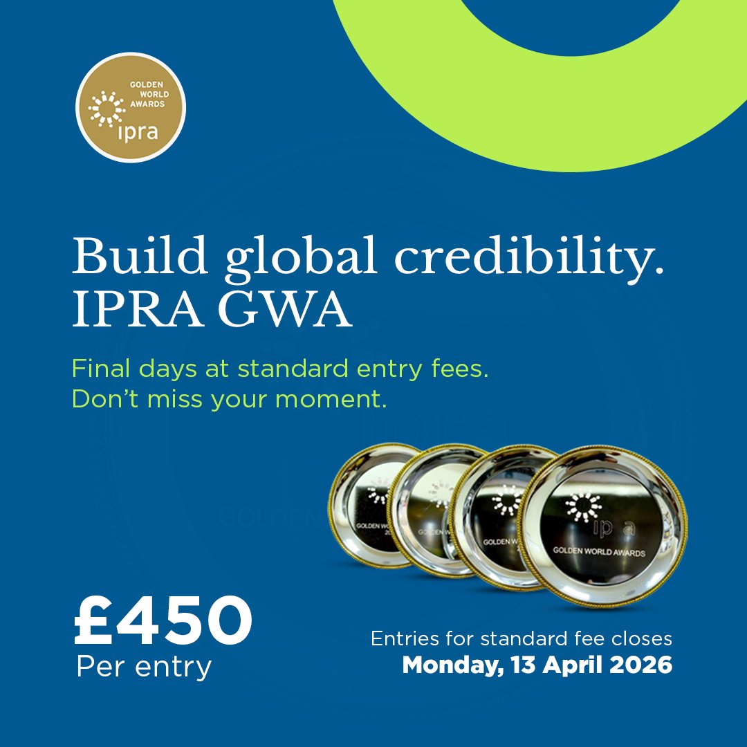 ipraofficial's tweet image. The IPRA Golden World Awards recognise work that delivers lasting impact.

The standard entry window is closing soon.
Submit your work. ipra.org
#IPRA #GWA #PublicRelations