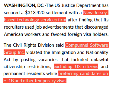 RodneyR58127664's tweet image. My old home state #NewJersey: capital of #H1B bias, low US born #SoftwareDeveloper % @GovSherrillNJ @SenBooker @AndyKimNJ? (thread)

WASHINGTON, DC -The US Justice Department has secured a $313,420 settlement with a New Jersey-based technology
indiawest.com/us-cracks-down…