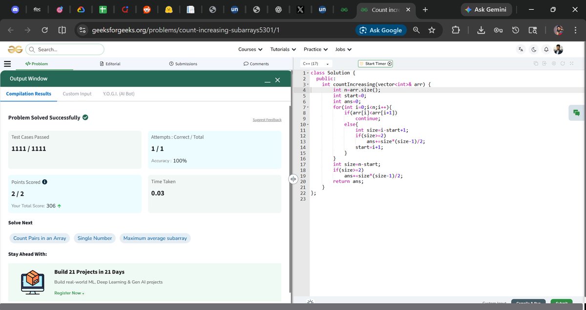 IamRoshan168405's tweet photo. #Day58 (11 April) of #geekstreak60 🚀
Solved: Count Increasing Subarrays
Used single pass traversal
to track increasing segments
Counts all valid subarrays efficiently
@geeksforgeeks @NPCI_NPCI
#npci #DSA #Coding #ProblemSolving #Arrays https://t.co/EbkLyHW7e9