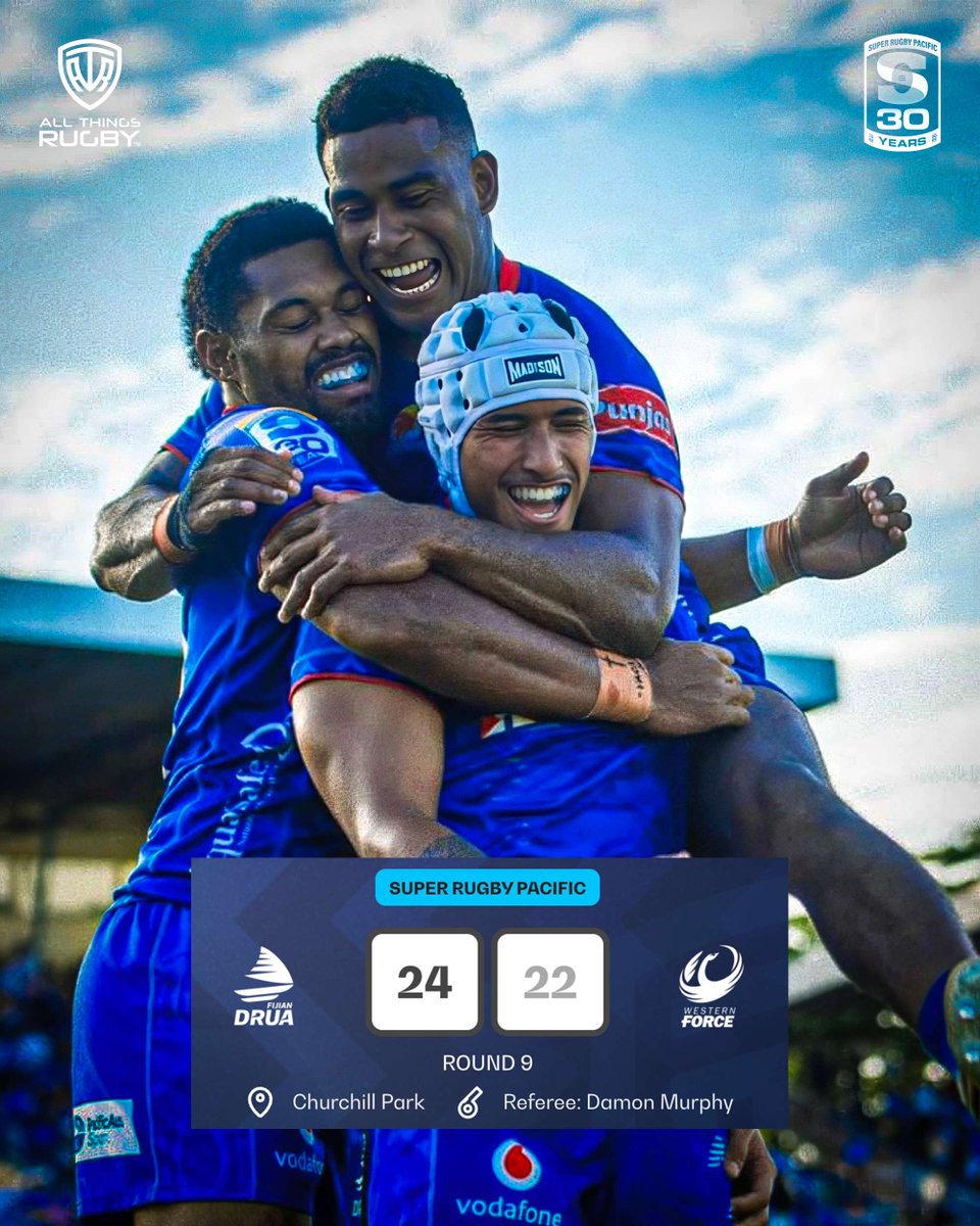 AllThingsRugbyX's tweet photo. 🌴🔥 DRUA HOLD THEIR NERVE!! 🔥🌴

A huge second-half comeback from the @westernforce brought this one right down to the wire. But in the final moments, with everything on the line, @Fijian_Drua protected their lead. 💪🏽

Rate that finish out of ten.👇

#DRUvFOR #SuperRugby #Rugby #AllThingsRugby