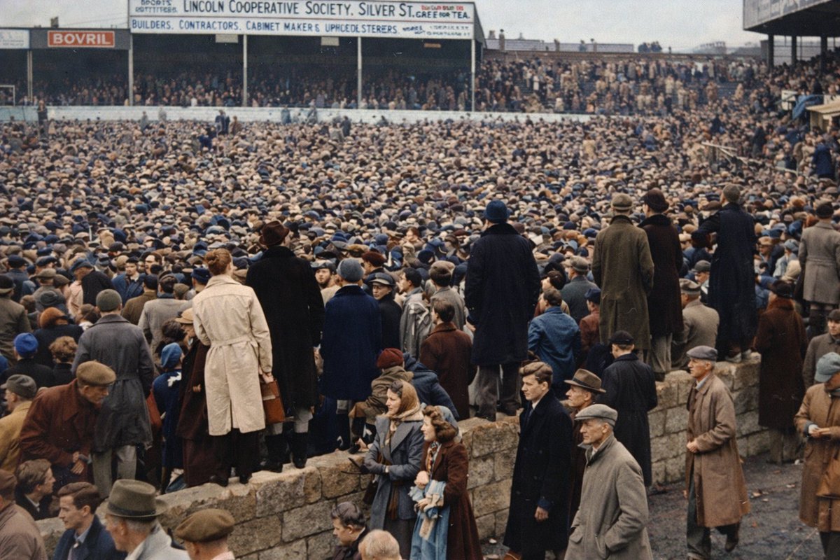 Staceywestblog's tweet photo. This is what it looked like when we won promotion in either 1948 or 1952.

It has been colourised https://t.co/yw9Q7Tyq4O
