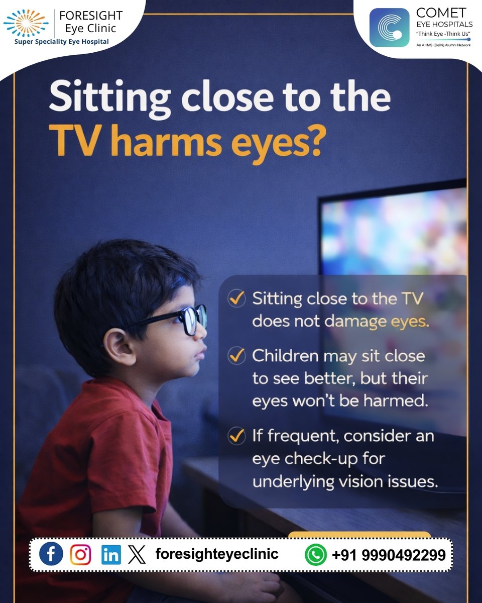 ForesightEye's tweet image. Sitting too close to the TV doesn’t permanently damage your eyes, but it can lead to strain, fatigue, and headaches. It often signals focusing issues or habit patterns. 
#eyecare #visionhealth #digitaleyestrain #healthyeyes #foresighteyeclinic
