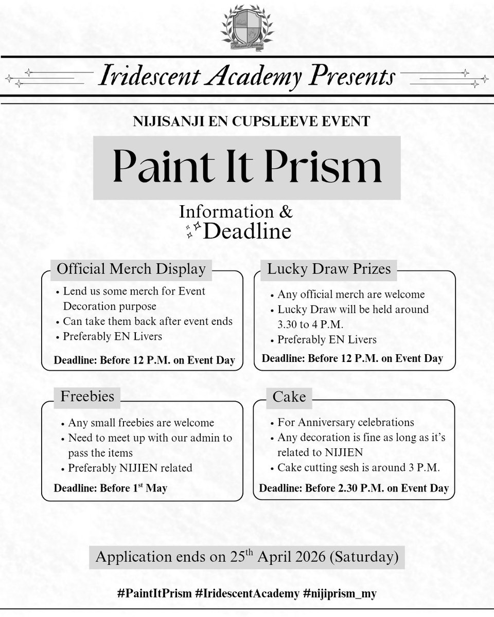 nijiprism_my's tweet image. We are looking for sponsorship 📣

We’re looking for your support in the form of products or other creative contributions. 

DM us for more details!

📆 Do check the deadlines in the poster and send your items in time!

#PaintItPrism #IridescentAcademy #nijiprism_my #NIJISANJI_EN