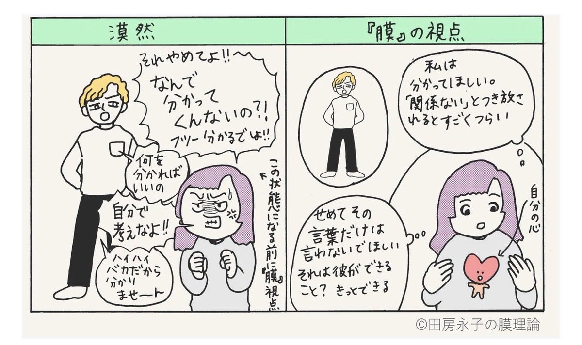 カップルは一つの『膜』に2人で
入ってしまいがち。

距離が近づきすぎているため
自分のイライラが相手によるもの
なのかなんなのかわからなくなって
居心地の悪さを感じているだけ
だったりする。

ケンカになって「あなただって
こうしてる時があるじゃないか」とか
いろいろ言っていても 