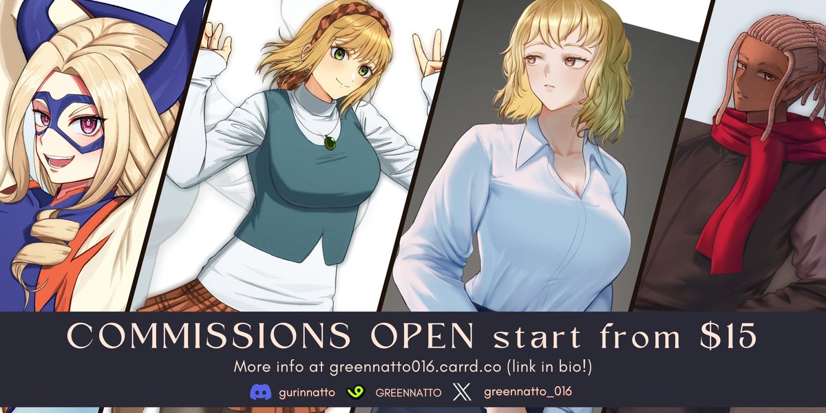 GreenNatto_016's tweet photo. [LIKE AND REPOST ARE REALLY APPRECIATED 🫶]
Hi guys~ My commissions is open now, with price start from $15! for more sample, ToS, etc u can chec at my carrd (link in bio)
Please DM me if u interested ^^  
#commission #illustration #commissionsopen #opencommissions https://t.co/nUxRHD36uS