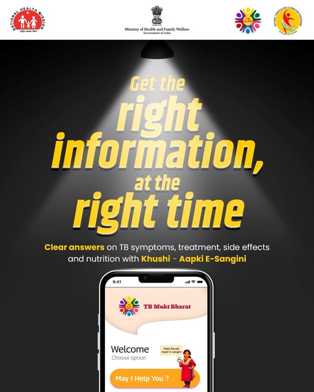 MoHFW_INDIA's tweet photo. Getting the right information at the right time can help you take the right step. With Khushi - Aapki E-Sangini, you can find simple and reliable guidance to better understand TB and stay informed. 
Download the TB Mukt Bharat App now from https://t.co/nfVnM7MoTP 

#TBMuktBharat, Gaon Gaon! Sheher-Sheher!