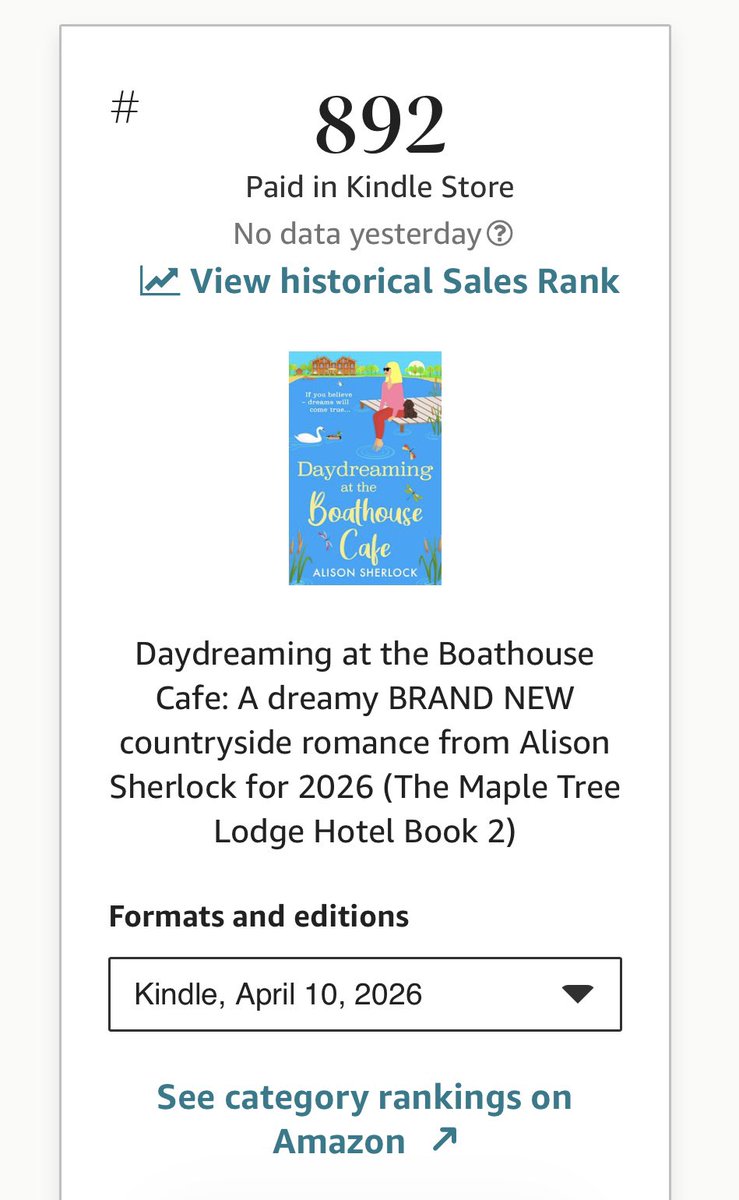 AlisonSherlock's tweet photo. A huge thank you for all the publication day messages yesterday 💗 It has zoomed up the charts with some amazing 5⭐️ reviews posted already! I’m so grateful to everyone who has bought Daydreaming at the Boathouse Cafe so far 💗🍰☀️🍰💗
https://t.co/xF7C3D1lki 

@BoldwoodBooks https://t.co/Pe6W7SyCLO