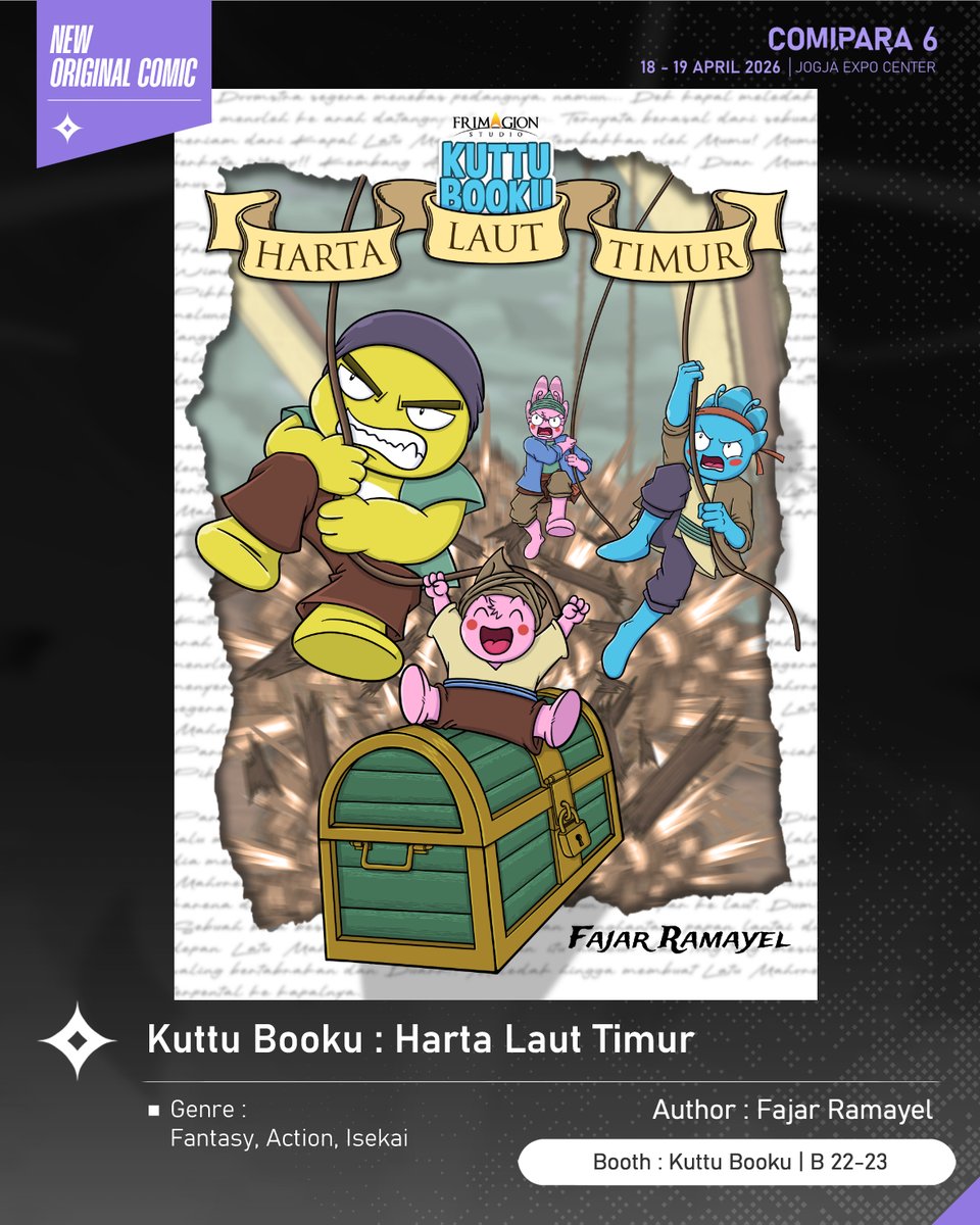 comipara_id's tweet image. [COMIC RAID]
Author: Fajar Ramayel
Booth: B 22-23  -  Kuttu Booku

Ada juga komik baru karya Kak Fajar Ramayel, berjudul "Kuttu Booku : Harta Laut Timur" yang akan dijual di Comipara 6 besok lho!

Sampai ketemu! ✨

Comipara 6
18-19 April 2026
Jogja Expo Center

#comicraid6