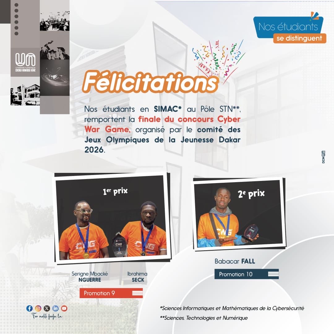 unchk_sn's tweet image. #KUDOS - Toutes nos chaleureuses félicitations à nos étudiants en Sciences Informatiques et Mathématiques de la Cybersécurité (SIMAC) du pôle Sciences, Technologies et Numérique (STN), qui ont remporté la finale du concours Cyber War Game, organisé par le comité des Jeux