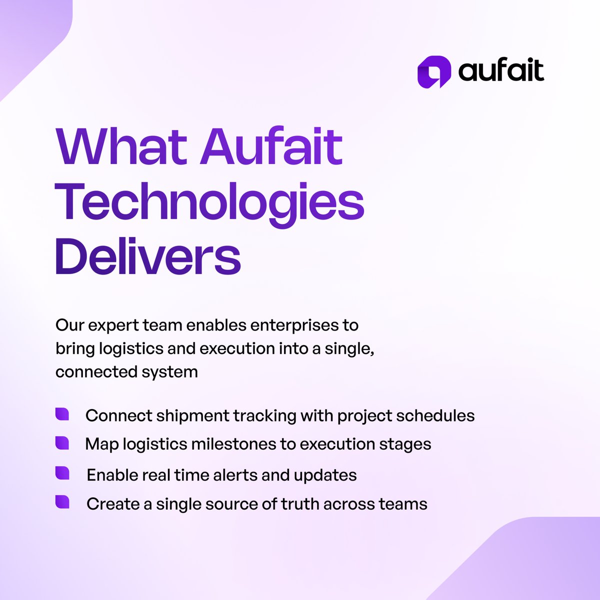 AufaitTech's tweet photo. At Aufait Technologies, we connect logistics tracking to project schedules, creating real-time alerts and unifying execution.

Stop managing logistics and schedules separately.
Connect them now!

#CapexManagement #ProjectExecution #DigitalTransformation #AufaitTechnologies https://t.co/OJ3TY8YMuM