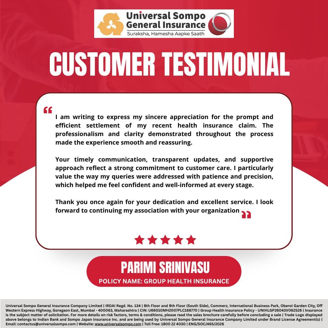 Universal_Sompo's tweet image. Universal Sompo’s customers sharing their recent experience amazing service provide and swift claim settlement.

To Know More- universalsompo.com

#happycustomer #happyservice #universalsompo #healthinsurance